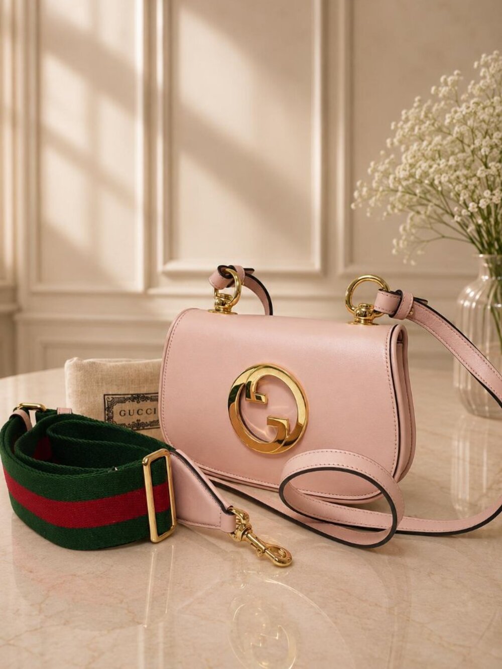 Gucci Blondie Mini Pink Leather Crossbody Bag Gold Interlocking G Web Strap
